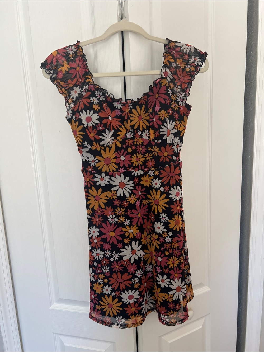 No Boundaries Black Floral Ruffle-Sleeve Mini Dress with Pink & Yellow Flowers